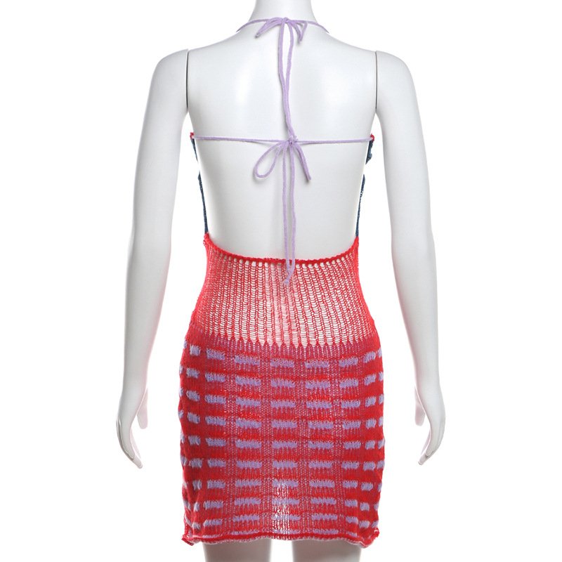Summer New Hollow Out Casual Color Blocking Sexy Bodycon Mini Sleeveless Backless Halter Knit Sweater Casual Dresses Women