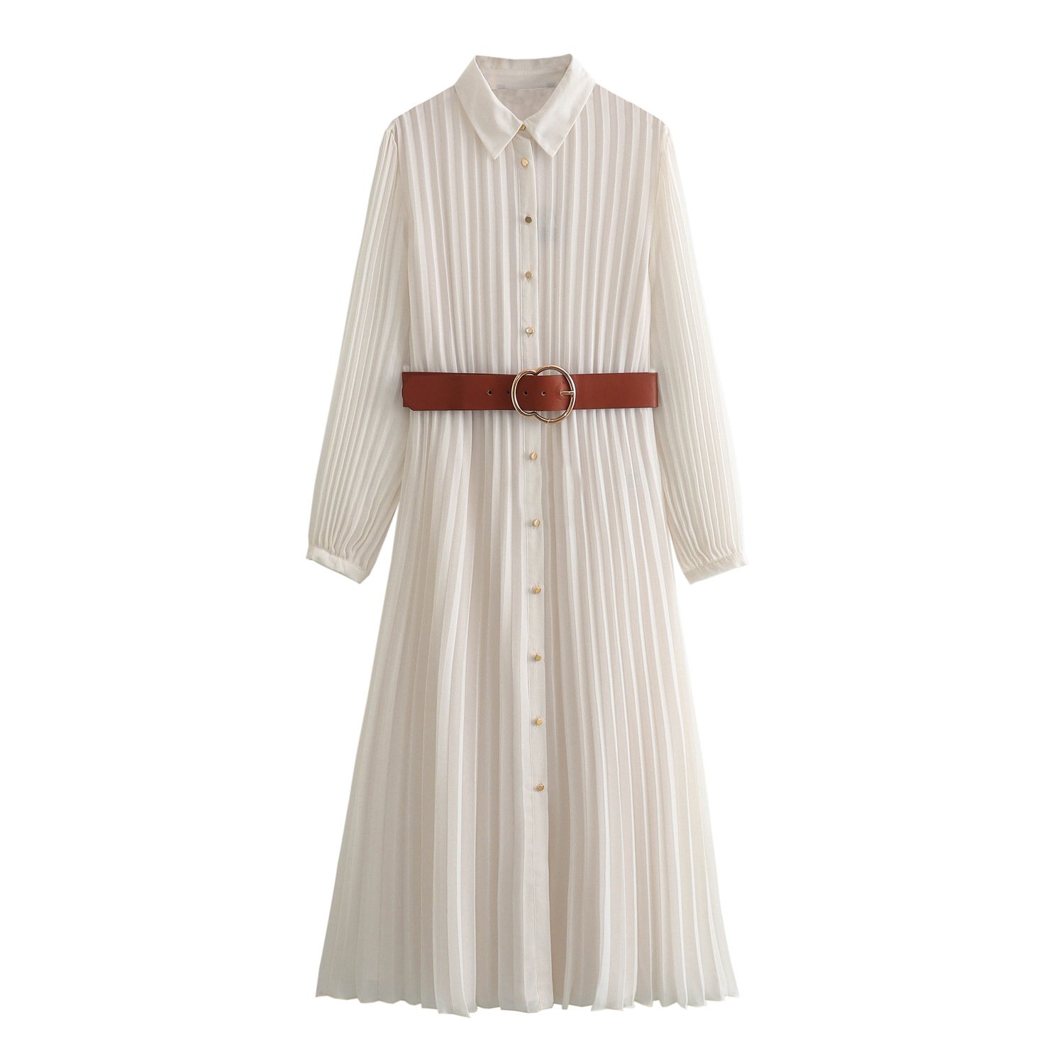 GX2089 Fashion 2024 Long Sleeve Chiffon Pleated Long Dress Women Clothes Boutique Unique Single Breasted Elegant Belt Dresses