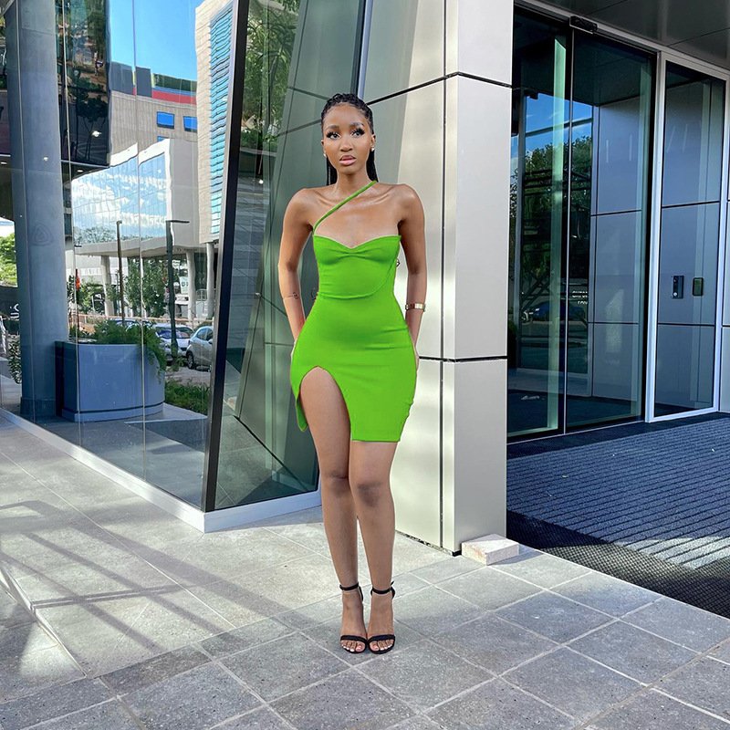 2024 slanted shoulder strap slit short dress beautiful women's clothing