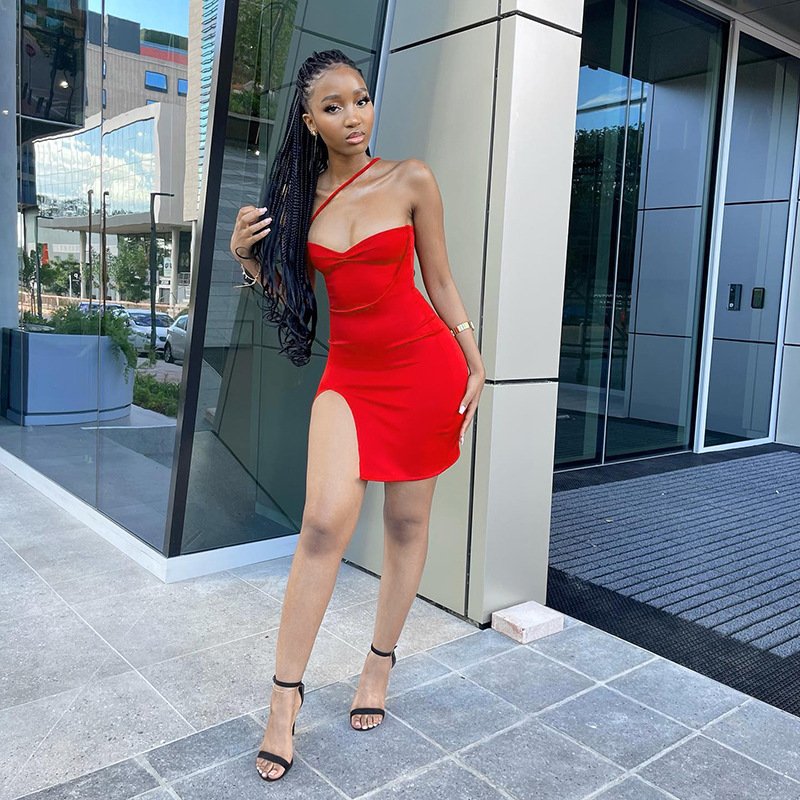 2024 slanted shoulder strap slit short dress beautiful women's clothing