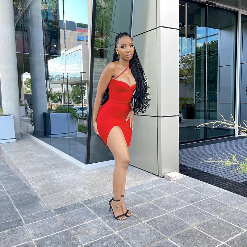 2024 slanted shoulder strap slit short dress beautiful women's clothing