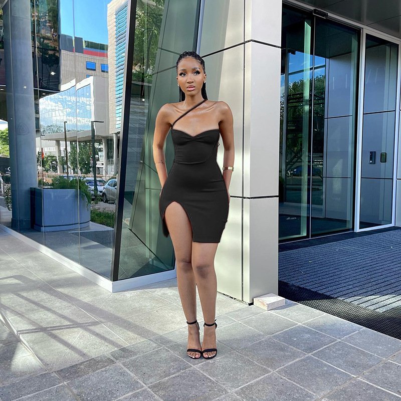 2024 slanted shoulder strap slit short dress beautiful women's clothing