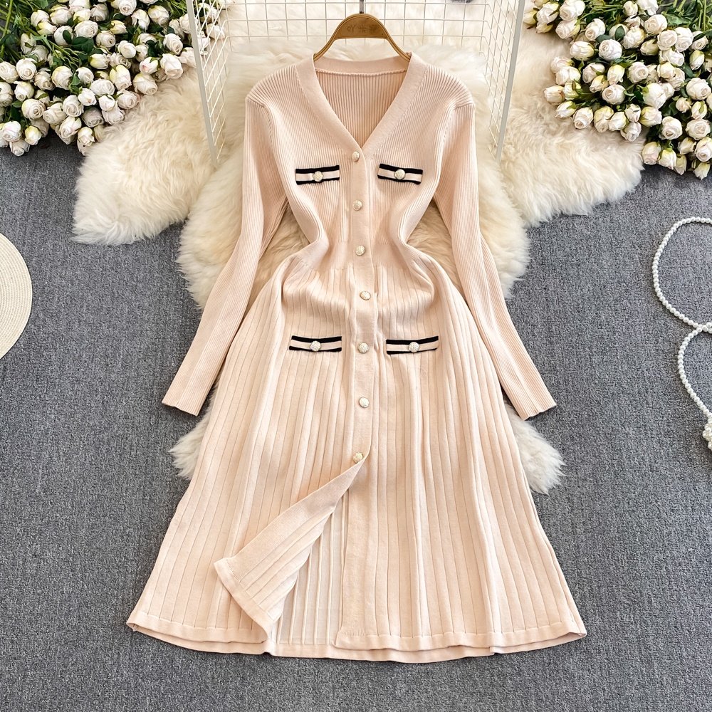 Autumn Winter Fashion Color Collision Long Sleeved V-Neck Waisted A-Line Knit Dresses
