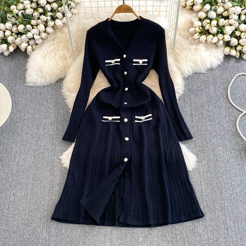 Autumn Winter Fashion Color Collision Long Sleeved V-Neck Waisted A-Line Knit Dresses