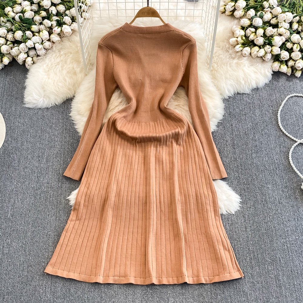 Autumn Winter Fashion Color Collision Long Sleeved V-Neck Waisted A-Line Knit Dresses