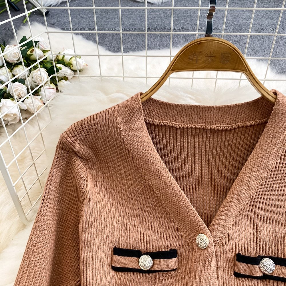 Autumn Winter Fashion Color Collision Long Sleeved V-Neck Waisted A-Line Knit Dresses