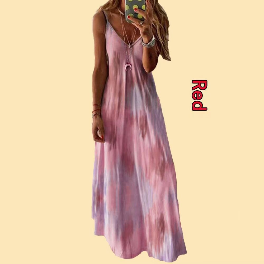 Hot-Selling Summer Women's V-Neck Loose A-Version Long Dress Sexy Solid Pattern Suspender Dress Size Plus Casual Breathable