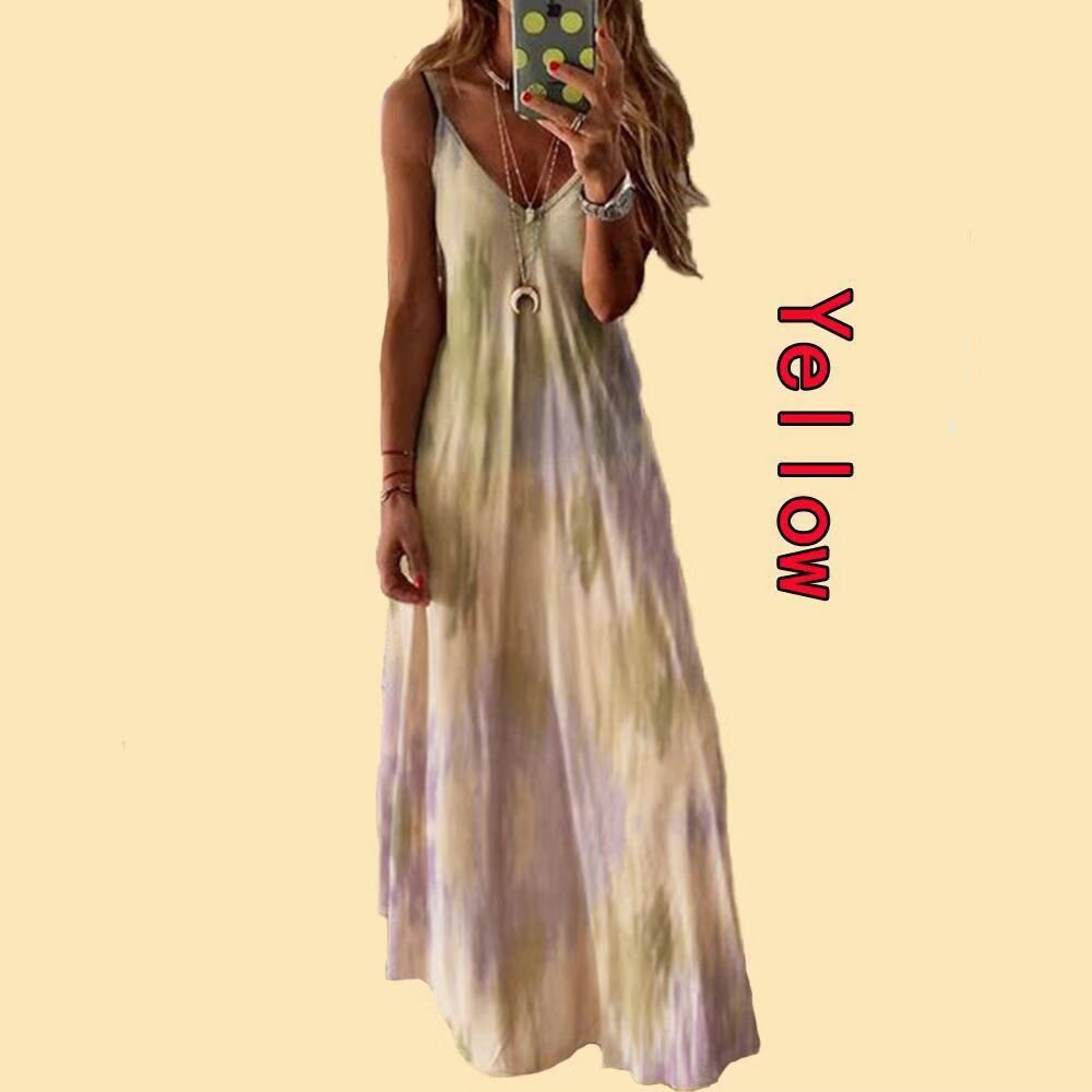 Hot-Selling Summer Women's V-Neck Loose A-Version Long Dress Sexy Solid Pattern Suspender Dress Size Plus Casual Breathable