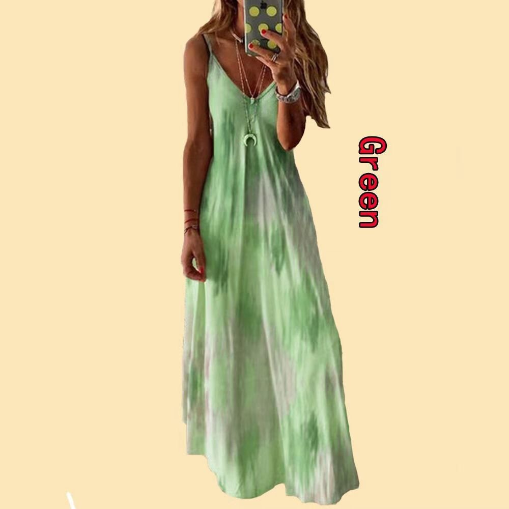 Hot-Selling Summer Women's V-Neck Loose A-Version Long Dress Sexy Solid Pattern Suspender Dress Size Plus Casual Breathable