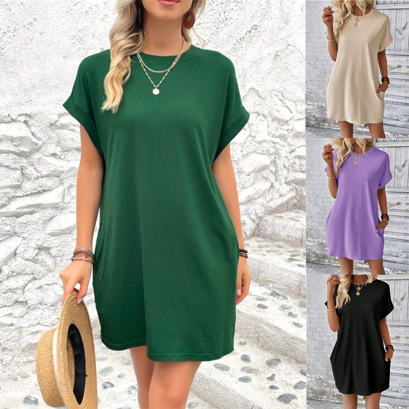 Plus Size Women's Clothing Summer Short Sleeve Pocket Dress Printed Cheap Casual Tshirt Dresses