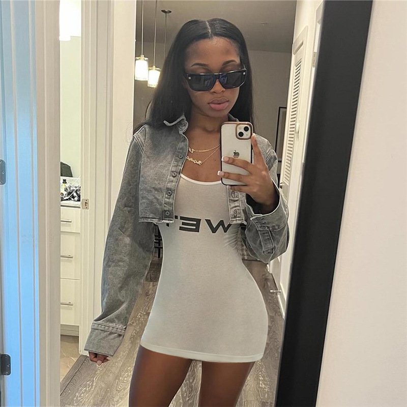 C1151 Newly arrived women's fashion minimalist letter solid color tight knitted tank top dress