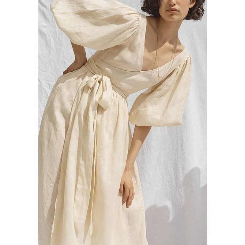 Fashion Casual High Quality Vacation Solid Vintage Dress Custom V-neck Short Sleeve Soft Solid Tunic Linen Dresses For Women