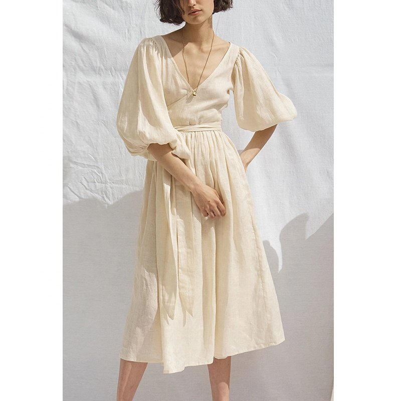 Fashion Casual High Quality Vacation Solid Vintage Dress Custom V-neck Short Sleeve Soft Solid Tunic Linen Dresses For Women