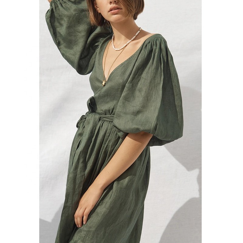 Fashion Casual High Quality Vacation Solid Vintage Dress Custom V-neck Short Sleeve Soft Solid Tunic Linen Dresses For Women