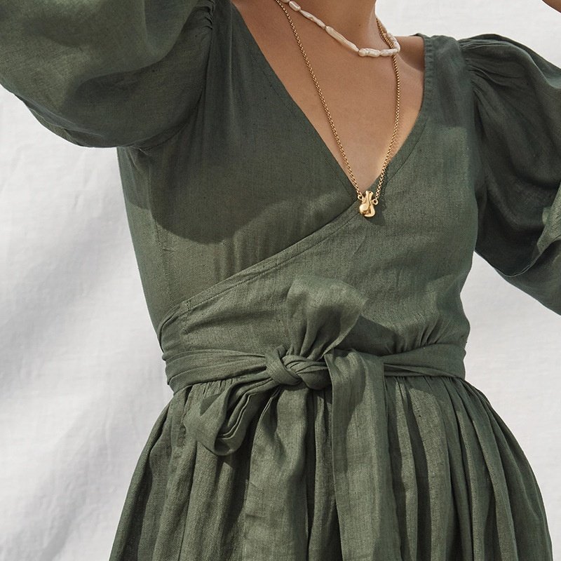 Fashion Casual High Quality Vacation Solid Vintage Dress Custom V-neck Short Sleeve Soft Solid Tunic Linen Dresses For Women