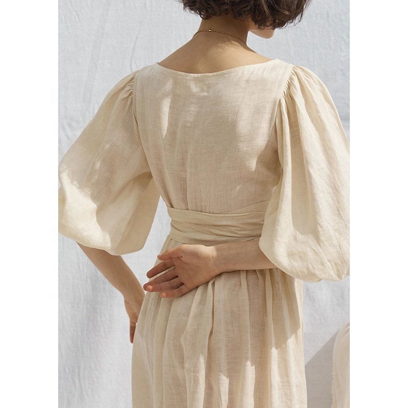 Fashion Casual High Quality Vacation Solid Vintage Dress Custom V-neck Short Sleeve Soft Solid Tunic Linen Dresses For Women