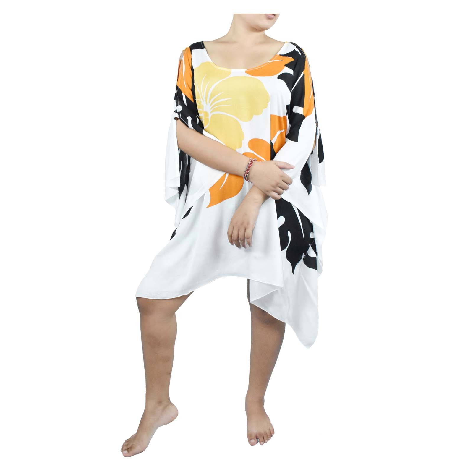 New fashion poncho dress big flower printed background White casual woman dress beach dress