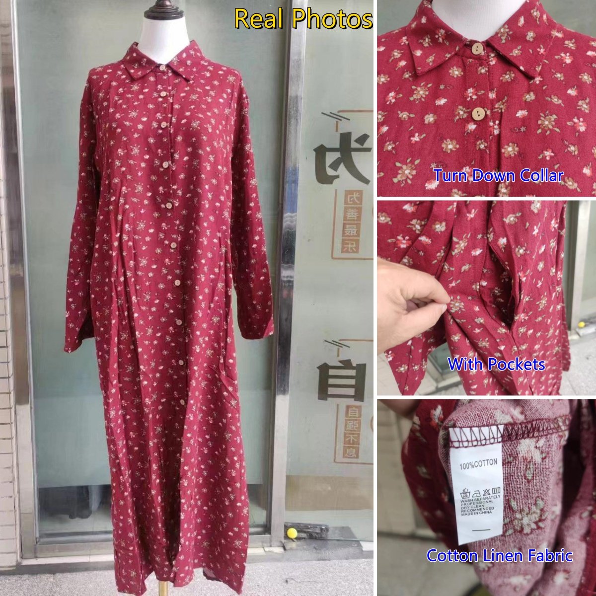 New Fashion Print Women Dress Turn Down Collar Button Pocketed Long Dress Mid East Female Abaya Casual Dresses