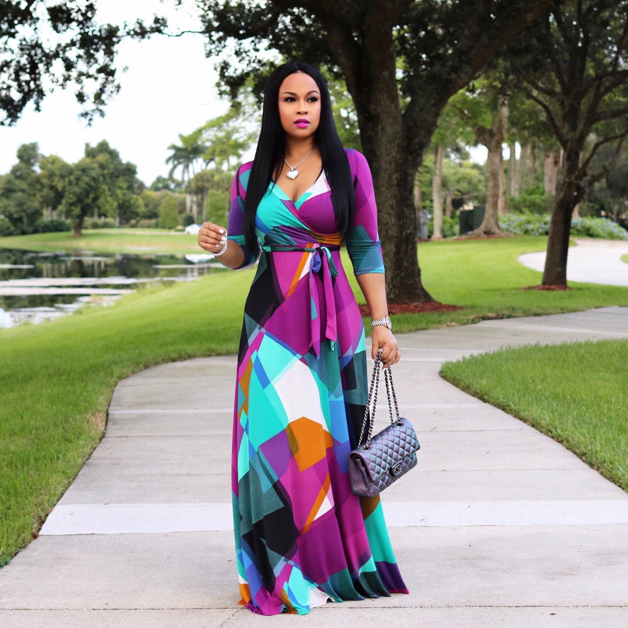 wholesale hot sale casual deep V neck print sexy long sleeve maxi dress women ladies dresses