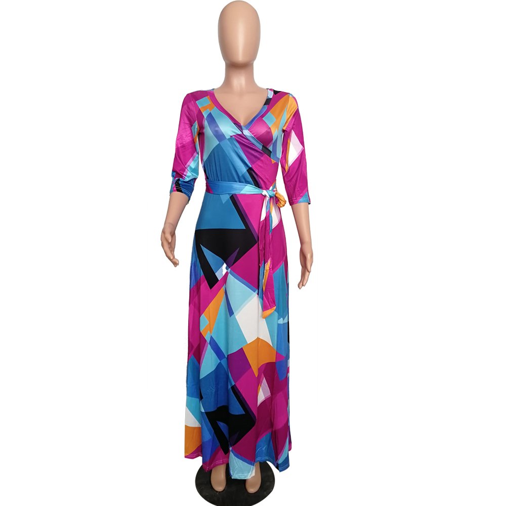 wholesale hot sale casual deep V neck print sexy long sleeve maxi dress women ladies dresses
