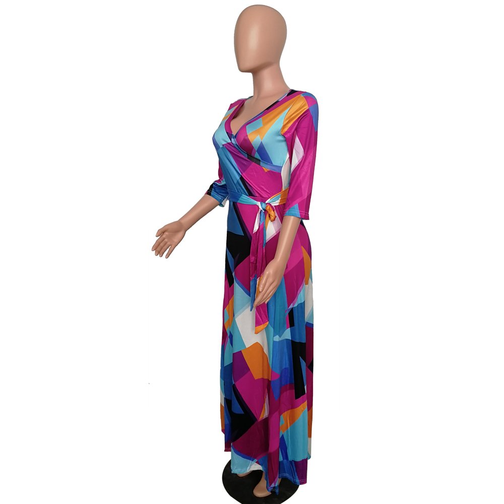 wholesale hot sale casual deep V neck print sexy long sleeve maxi dress women ladies dresses