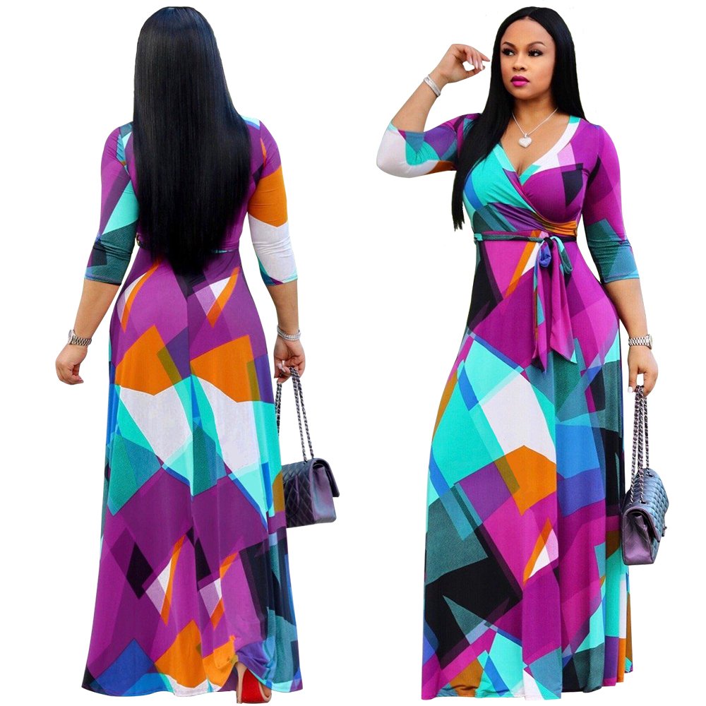 wholesale hot sale casual deep V neck print sexy long sleeve maxi dress women ladies dresses