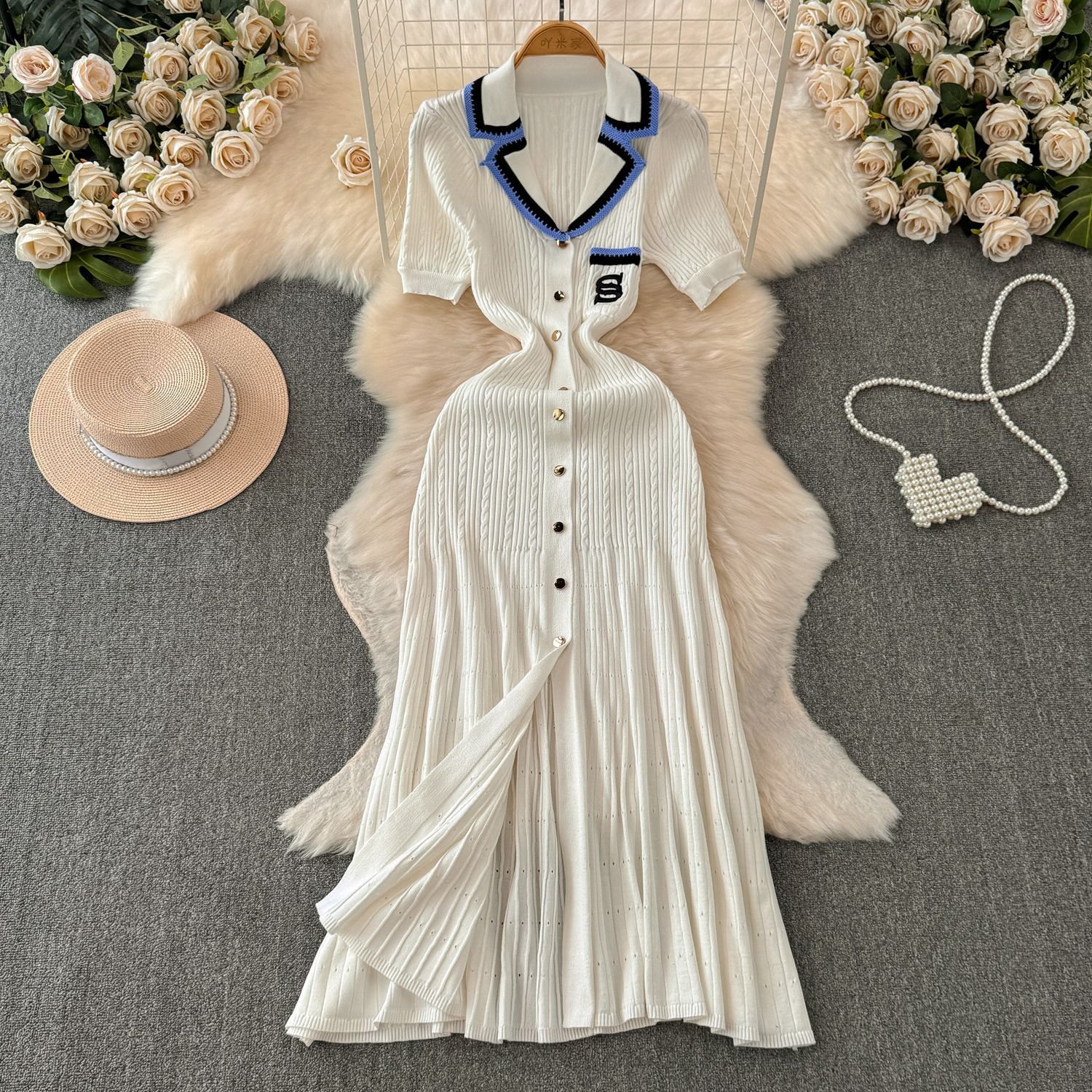 wholesale women color blocking short sleeve knitted midi dress contrast color ladies embroidery causal dress