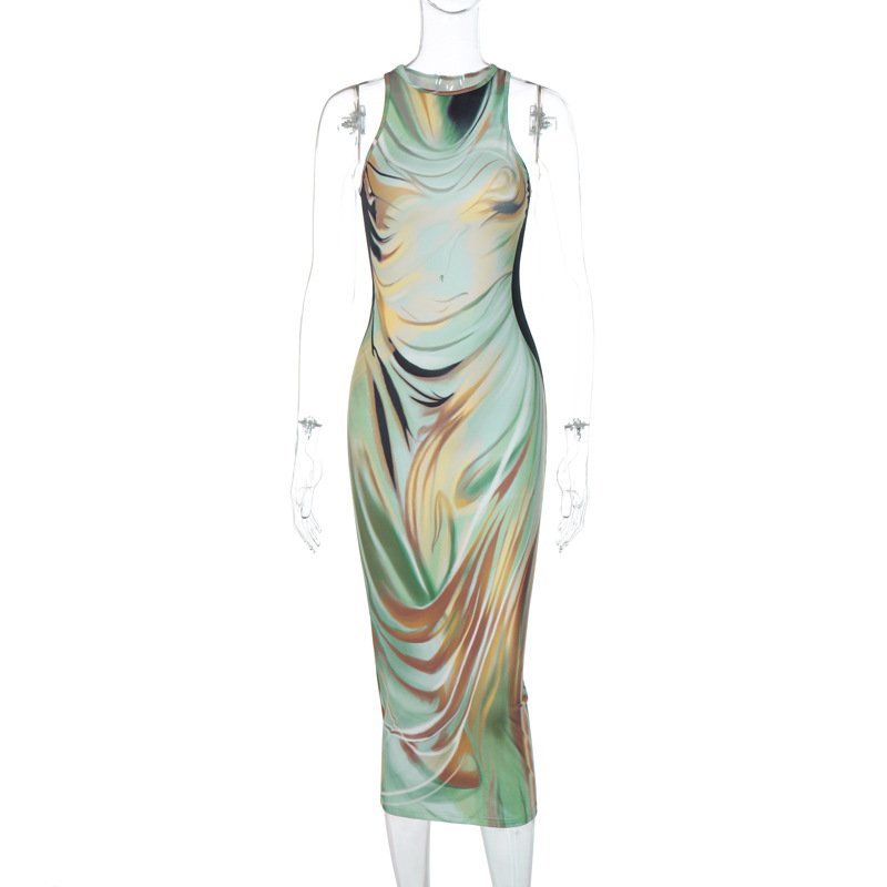 B27456 quality sleeveless long printed casual women elegant dresses