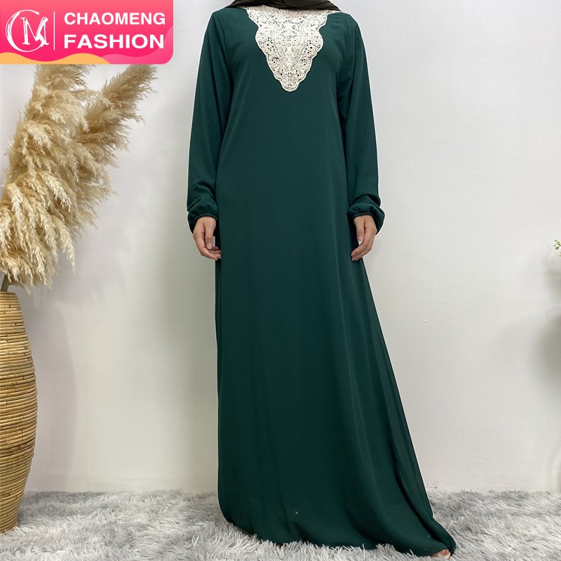 9040# Solid color chiffon women dress long sleeve with elastic cuff white lace applique casual maxi dresses 3 colors