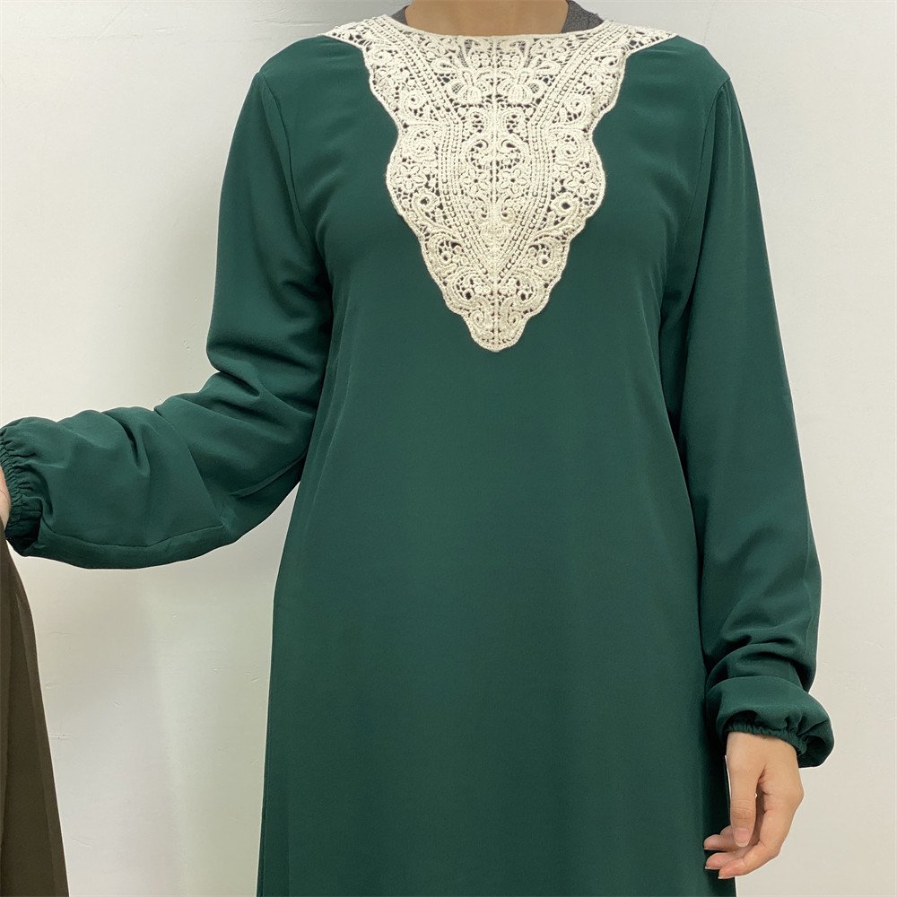 9040# Solid color chiffon women dress long sleeve with elastic cuff white lace applique casual maxi dresses 3 colors