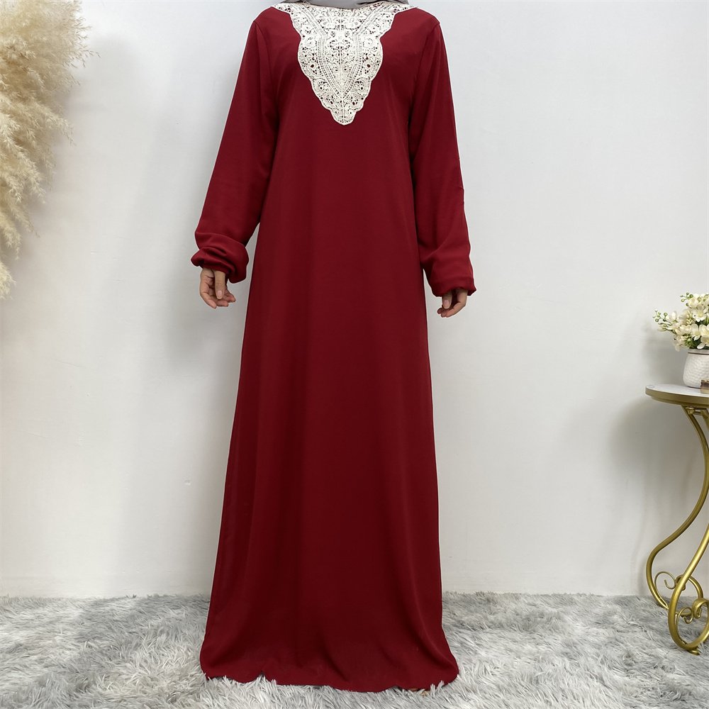 9040# Solid color chiffon women dress long sleeve with elastic cuff white lace applique casual maxi dresses 3 colors