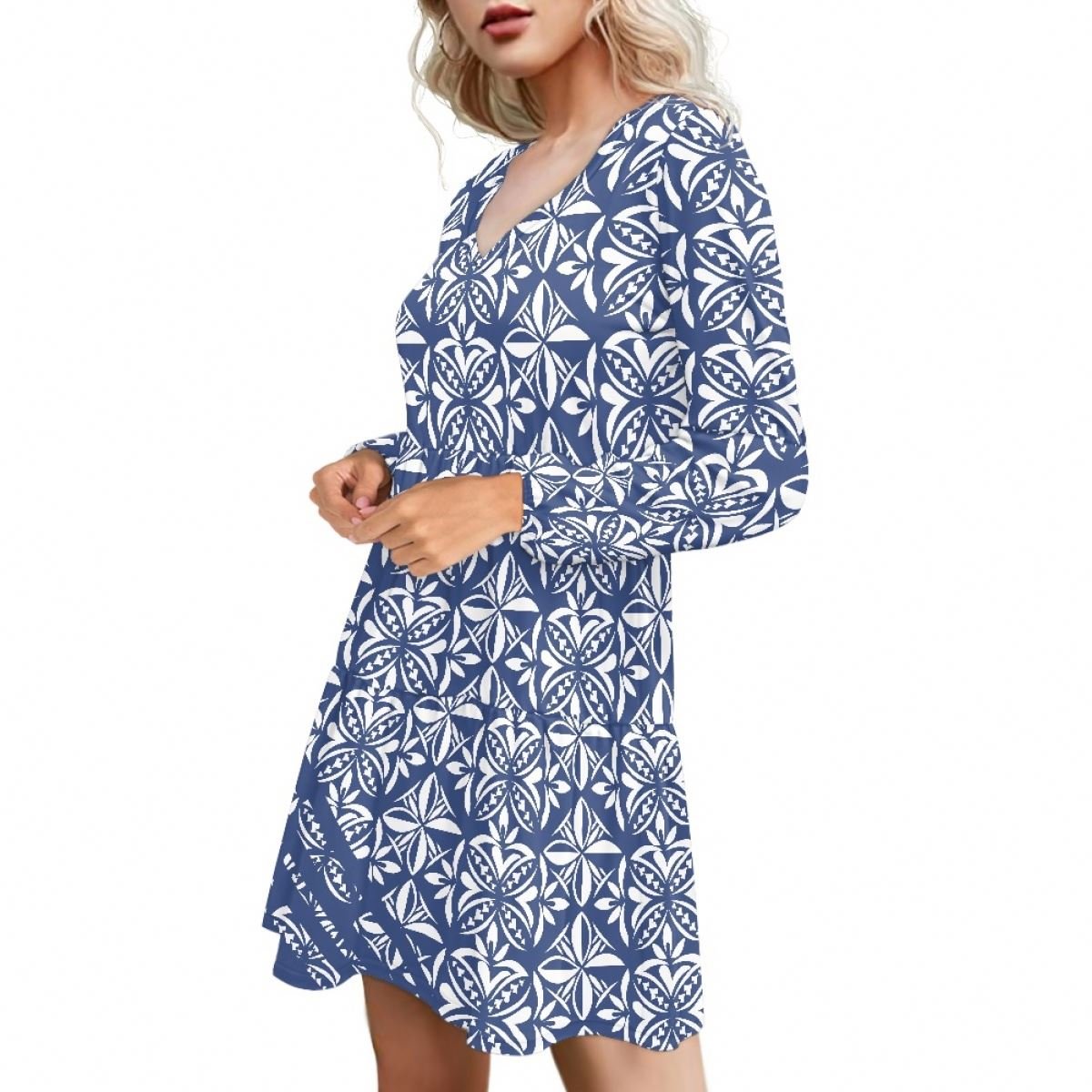 Casual Long Sleeve Dress Fashion V-Neck Leisure Custom Short Skirt Summer Dresses Polynesian Print Women Print On Demand