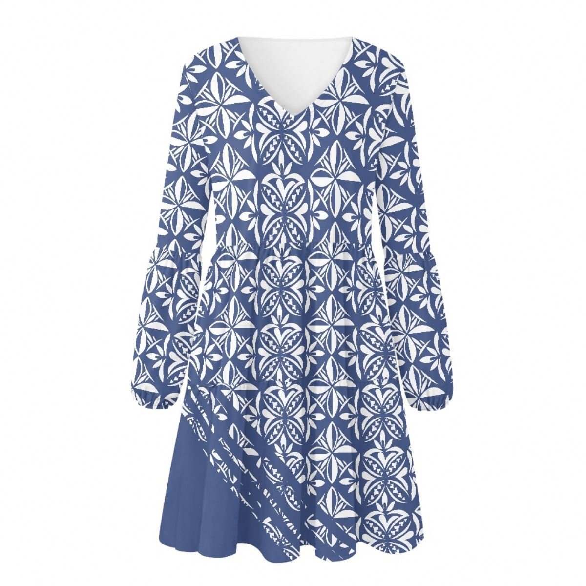 Casual Long Sleeve Dress Fashion V-Neck Leisure Custom Short Skirt Summer Dresses Polynesian Print Women Print On Demand