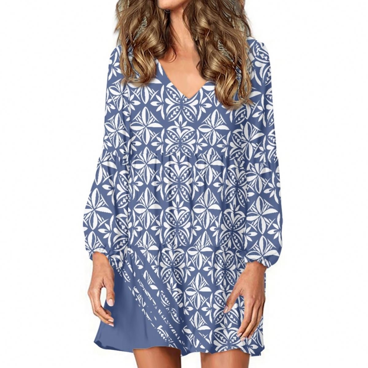 Casual Long Sleeve Dress Fashion V-Neck Leisure Custom Short Skirt Summer Dresses Polynesian Print Women Print On Demand