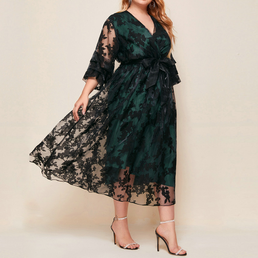 ODM/OEM Hot Plus Size Women's Elegant Casual Dress Long Evening Dress with Floral Print Decoration Sexy Style XL Size