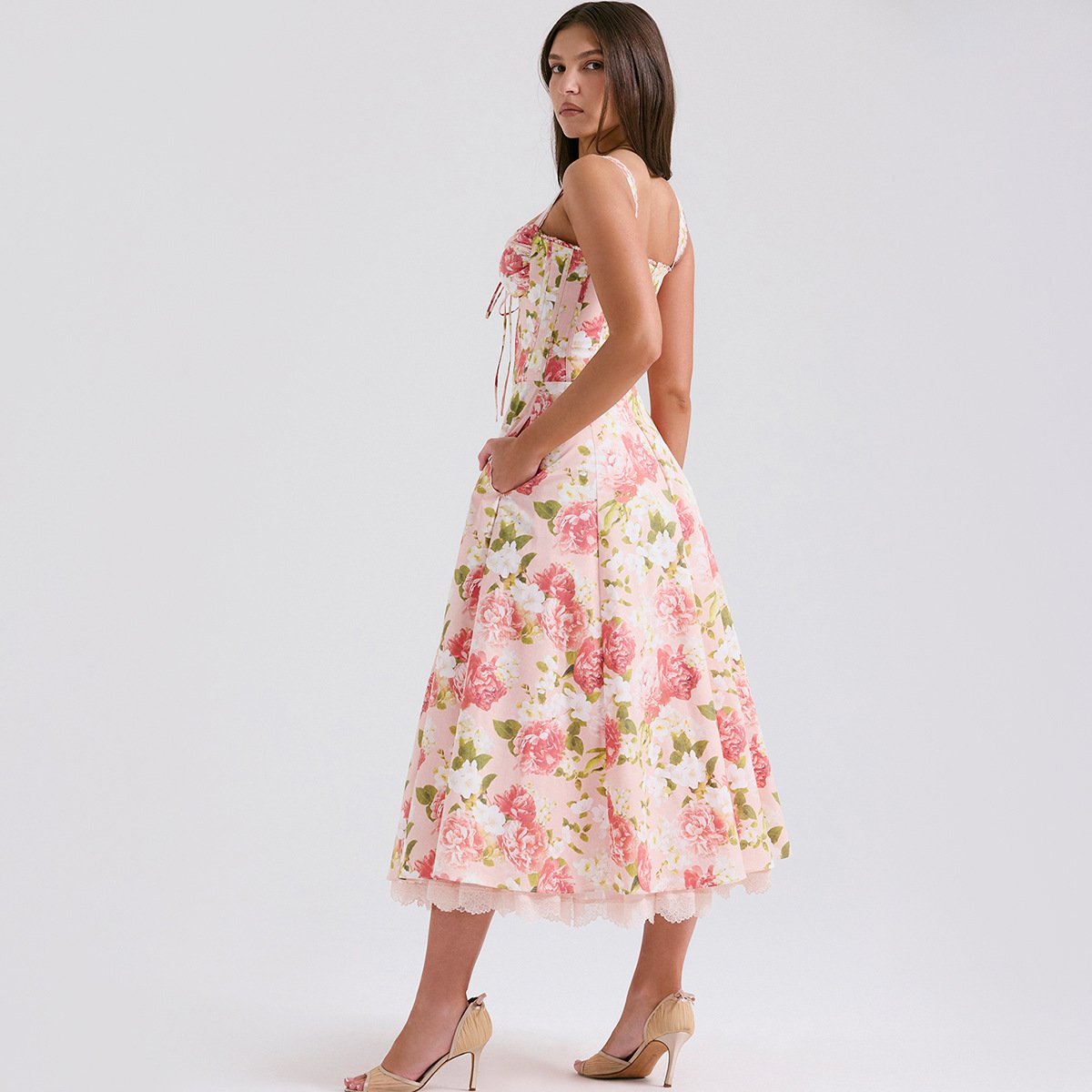 Clothing manufacturers custom women's dresses sleeveless floral print A-line midi summer casual dress