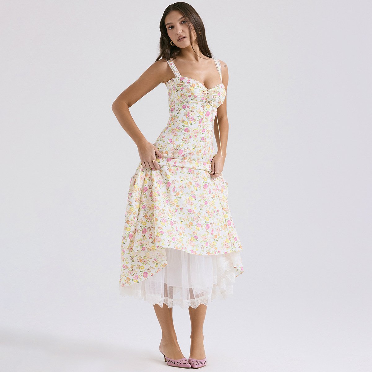 Clothing manufacturers custom women's dresses sleeveless floral print A-line midi summer casual dress