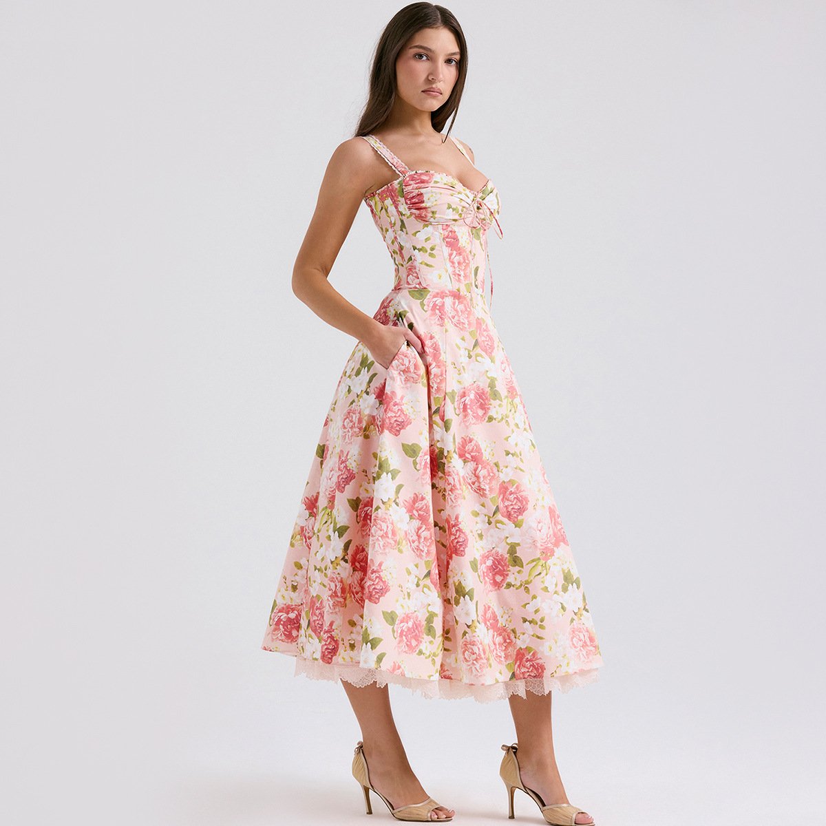 Clothing manufacturers custom women's dresses sleeveless floral print A-line midi summer casual dress