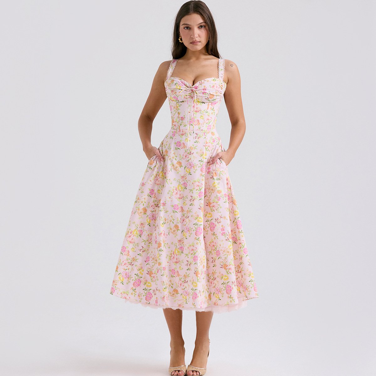 Clothing manufacturers custom women's dresses sleeveless floral print A-line midi summer casual dress
