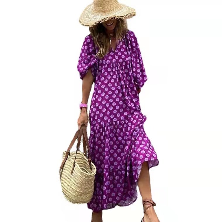 Wholesale robe Summer Floral Printed Polyester Puff Sleeve Large Swing Casual Elegant Women Long Maxi Dresses