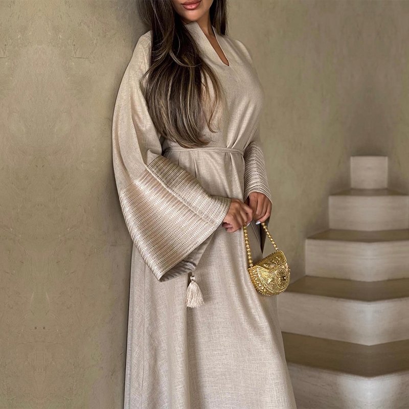 New design soft beige robe abaya dress wholesale embroidered cuffs sleeve muslim dress islamic clothing