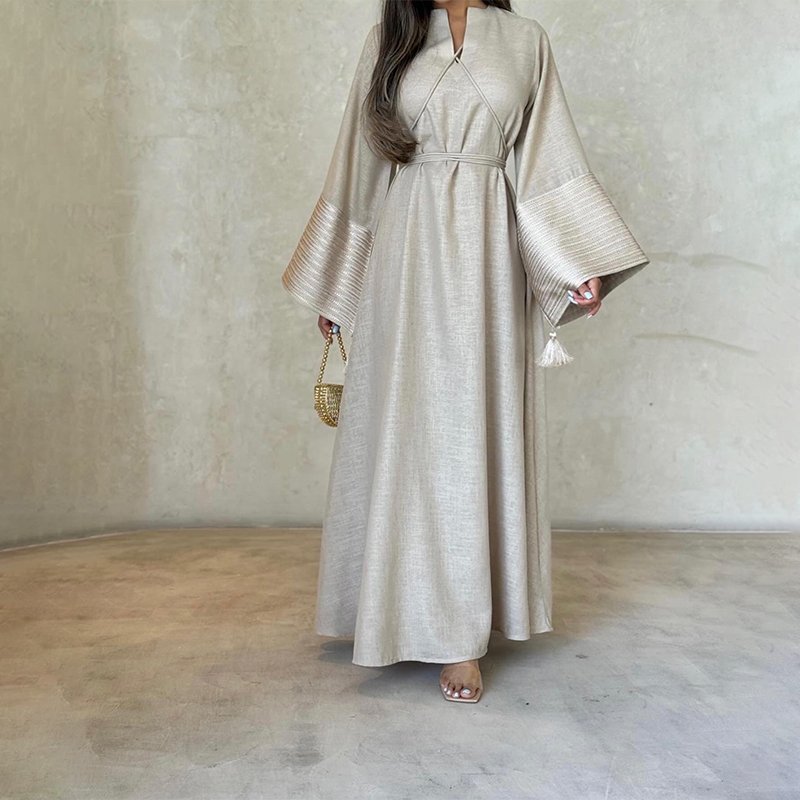 New design soft beige robe abaya dress wholesale embroidered cuffs sleeve muslim dress islamic clothing