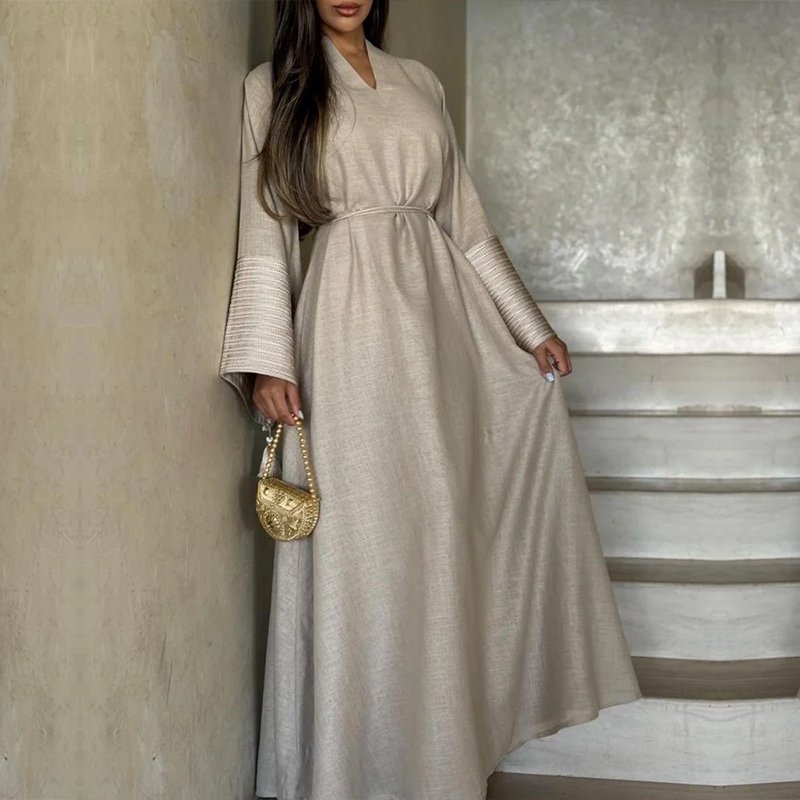 New design soft beige robe abaya dress wholesale embroidered cuffs sleeve muslim dress islamic clothing