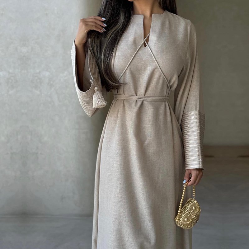 New design soft beige robe abaya dress wholesale embroidered cuffs sleeve muslim dress islamic clothing