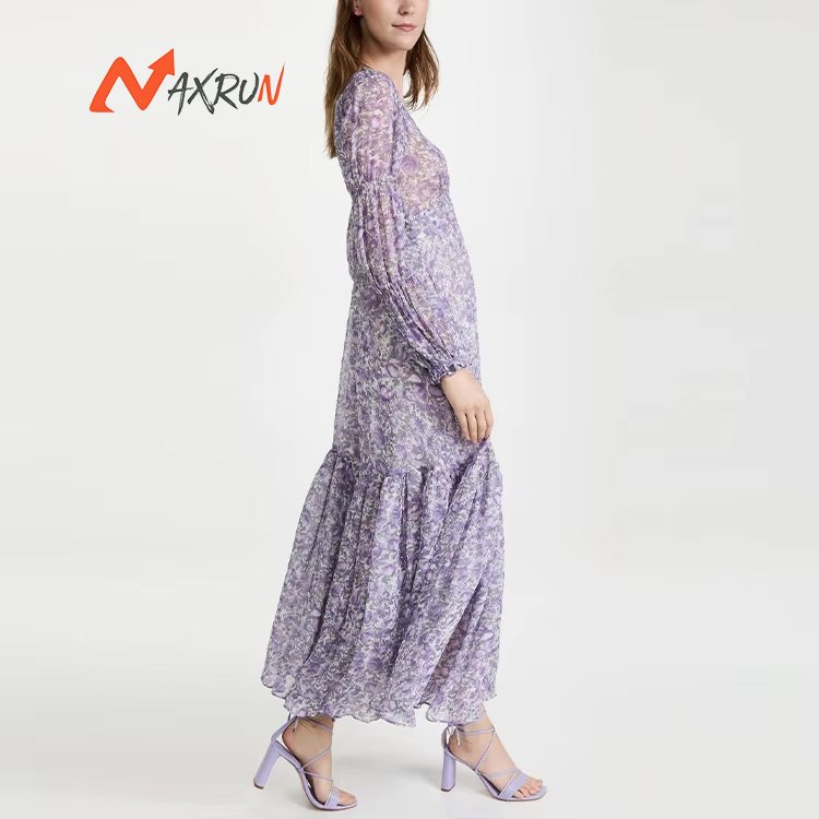 Ladies V neck floral dress for women print clothing manufacturers elegant long custom logo puff sleeve viscose gown