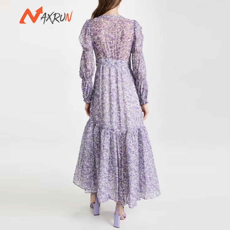 Ladies V neck floral dress for women print clothing manufacturers elegant long custom logo puff sleeve viscose gown