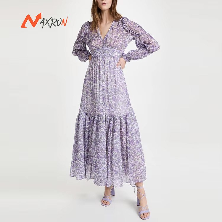 Ladies V neck floral dress for women print clothing manufacturers elegant long custom logo puff sleeve viscose gown