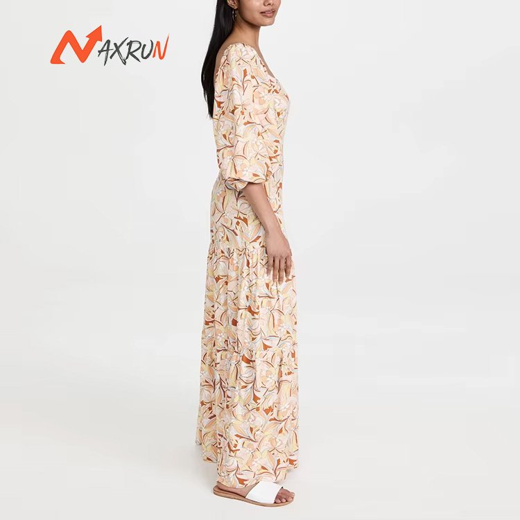 Ladies square neck elbow length puff sleeve pleating floral print rayon poplin Dress for women