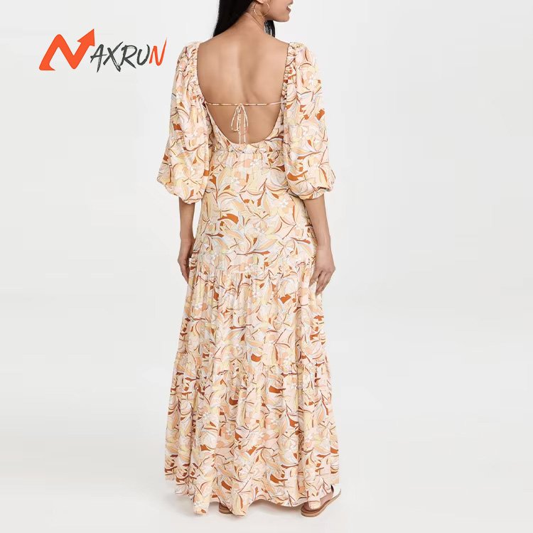 Ladies square neck elbow length puff sleeve pleating floral print rayon poplin Dress for women