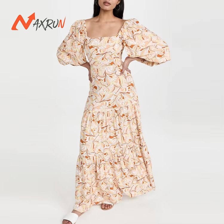 Ladies square neck elbow length puff sleeve pleating floral print rayon poplin Dress for women